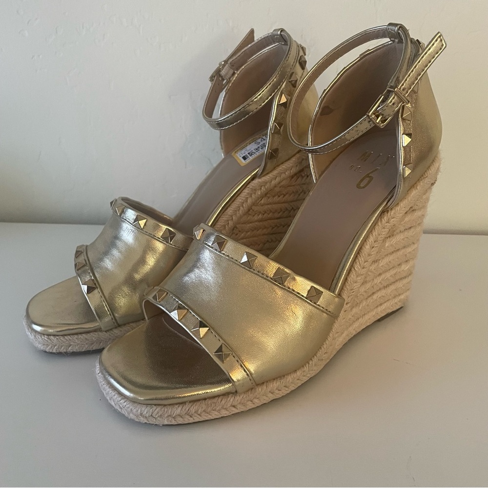 Mix No. 6 Wedge Espadrille DREAMM Sandal Gold Size 7 Ankle Strap Studded NWT